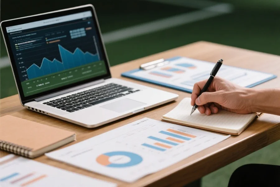 一张桌面上摆放着笔记本电脑、笔记本和分析图表，旁边有一只手正在做笔记，体现赛前分析场景