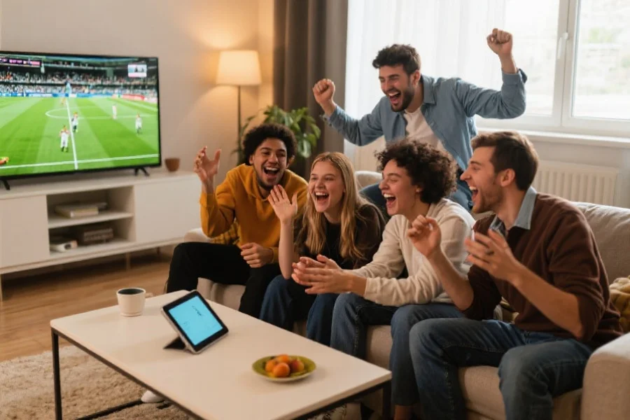 一群朋友聚在客厅里，通过平板电脑观看体育直播，气氛热烈